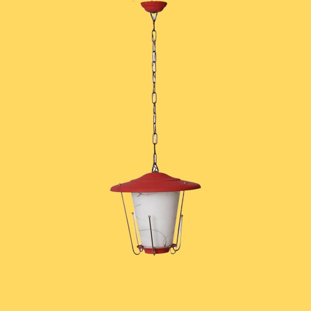 Mid-Century Italian Round Opaline Glass and Brass Red Lantern Chandelier, 1950s For Sale - Image 12 of 18