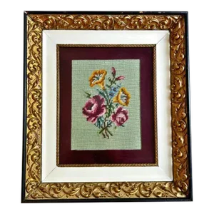 Vintage Floral Needlework, Sage Green Backing, Framed