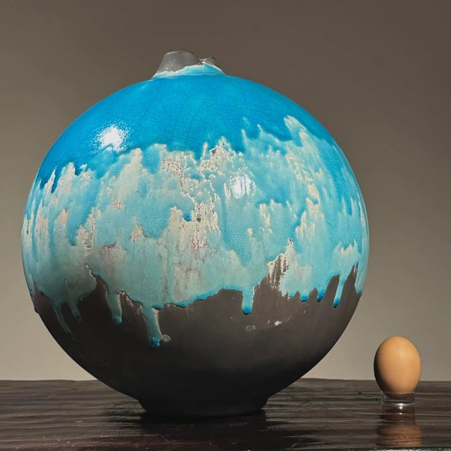 Vintage Raku Fired Postmodern Black Stoneware Seed Pot With Three Tone Blue Crackle Drip Glaze For Sale - Image 10 of 10