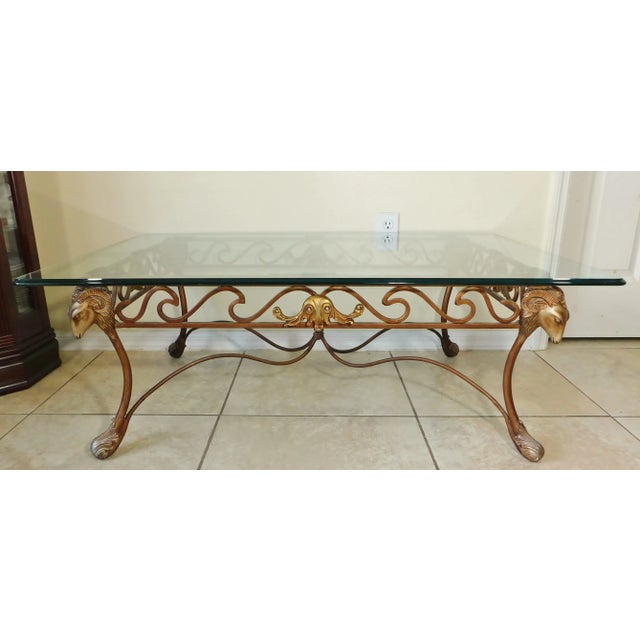 Vintage Neoclassical Wrought Iron Sculptural Ram's Head Thick Glass Top Coffee Table For Sale - Image 12 of 13