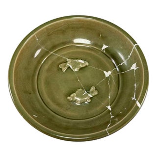 Antique Chinese Longquan Celadon Plate With Twin Fish Relief, Restored For Sale
