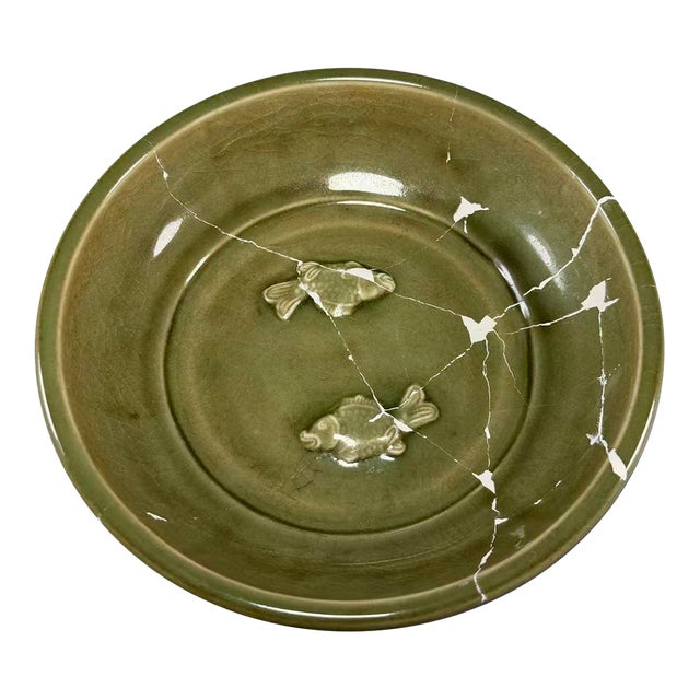 Antique Chinese Longquan Celadon Plate With Twin Fish Relief, Restored For Sale