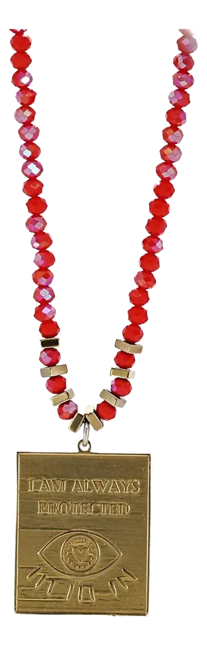I Am Always Protected Gold Pendant Red Beaded Necklace