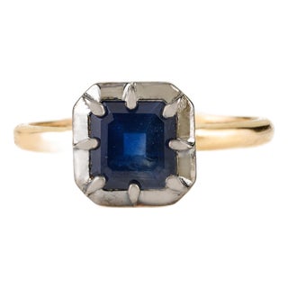 18k Gold Blue Sapphire Square Ring With Pinion Bezel Black Rhodium Size 5 For Sale