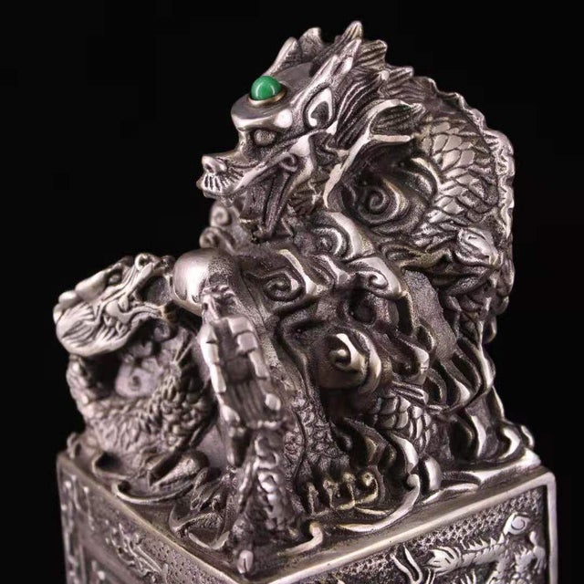 Silver 1960s Large Chinese Dragon Seal Sculpture - Antiqued Metal Desk Statue With Green Stone Inlay For Sale - Image 8 of 9
