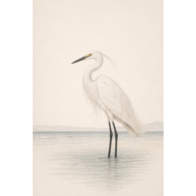 White Egret Coastal Study, Neutral Bird Wall Art Print, 24″ × 36″ For Sale