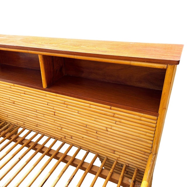 Restored Mid-Century Queen Size 13-Strand Stacked Rattan Bed Frame W/ Book Shelf For Sale - Image 4 of 9