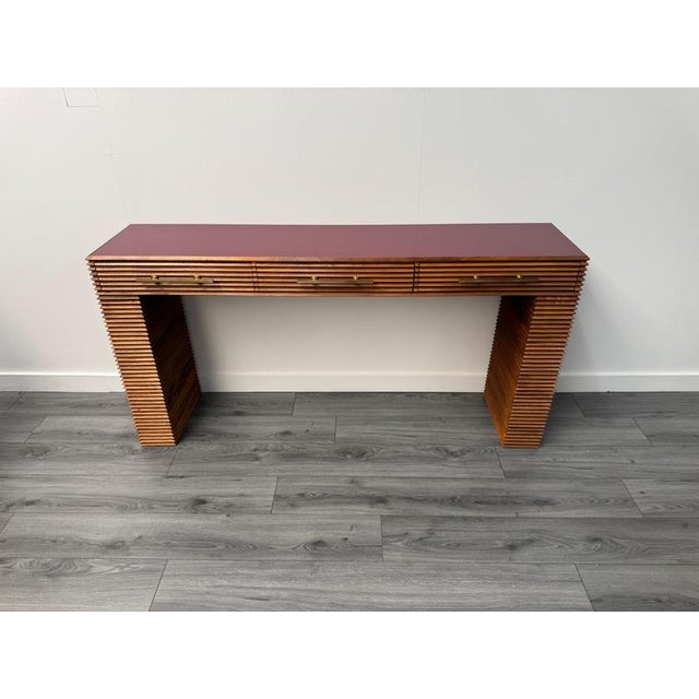 Three Drawers Fluted Wood Console Table with Crimson Red Glass Top, 1970s For Sale - Image 3 of 9