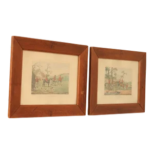 Antique English Fox Hunting Etchings, Custom Framed - A Pair