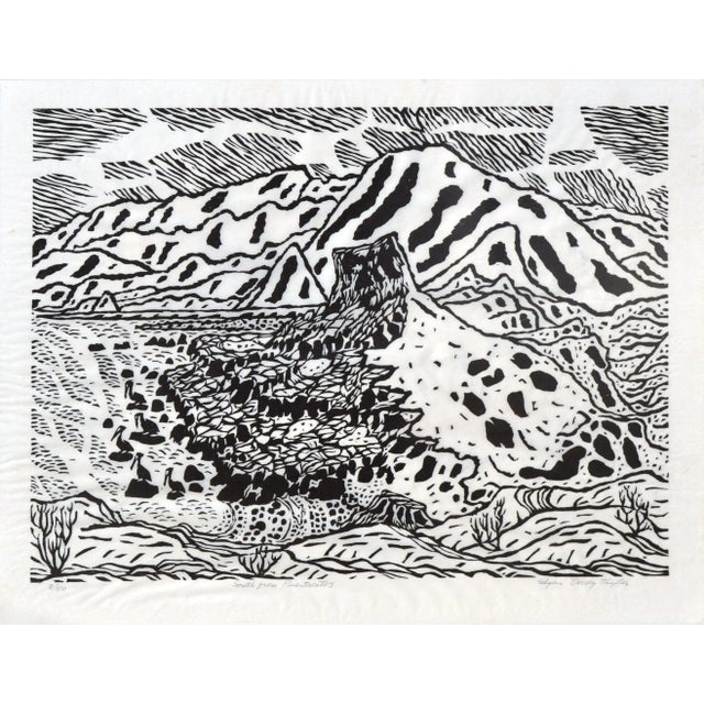 A striking mid century woodcut landscape print from Edgar Dorsey Taylor's series of prints depicting his adventures in...