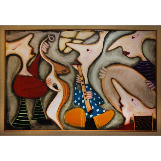 The Gathering Art Deco Oil on Board Painting by Kambiz For Sale