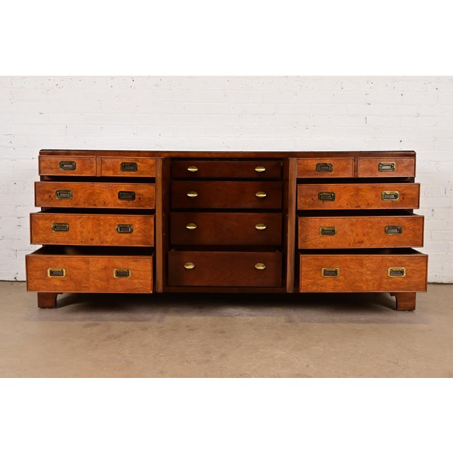 Century Furniture Century Furniture Mid-Century Hollywood Regency Campaign Burl Wood Triple Dresser or Credenza, Circa 1970s For Sale - Image 4 of 13