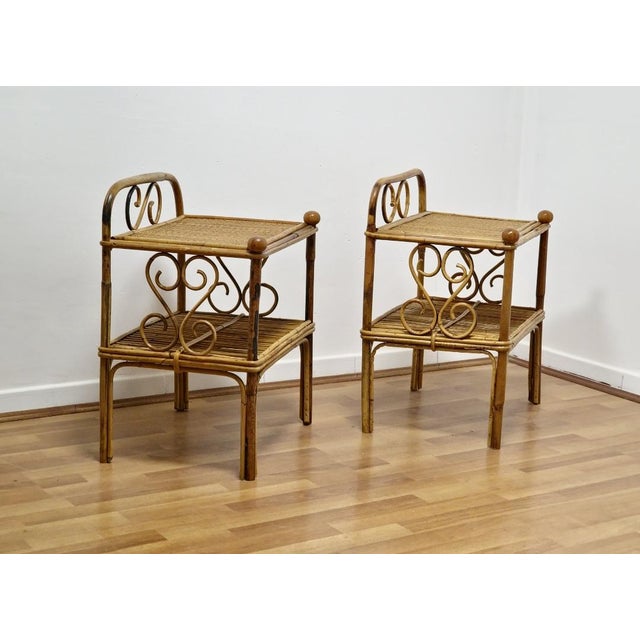 1960s Vintage Rattan and Vienna Straw Bedside Tables, 1960s, Set of 2 For Sale - Image 5 of 10