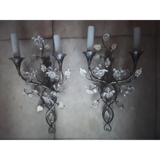 C1900 Antique French Art Nouveau Cut Crystal Floral Form Wall Sconces by Maison Bagues a - Pair For Sale - Image 11 of 12