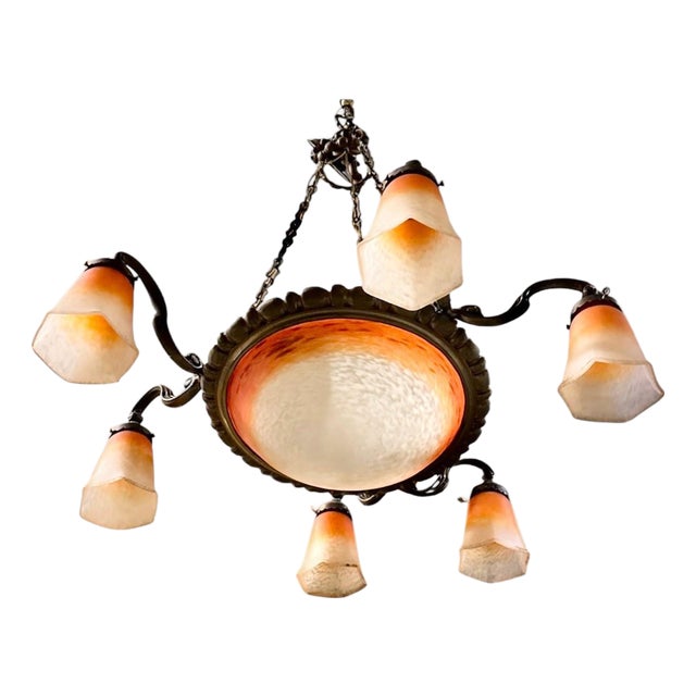 French Art Deco Glass 7-Light Chandelier from Schneider, 1920s For Sale