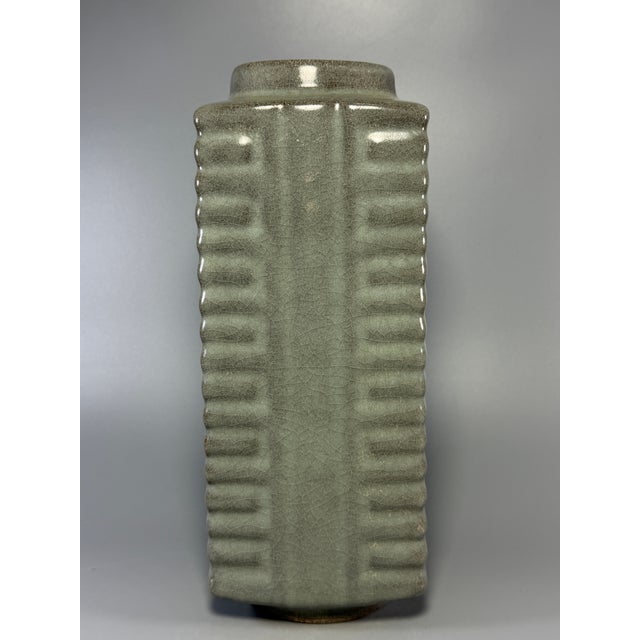 Chinese Chinese Longquan Celadon Cong‑Style Square Vase, Collectible Decor Vase For Sale - Image 3 of 6