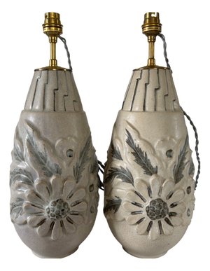 White Glazed Stoneware Lamp Bases with Floral Decoration, 1950s, Set of 2
