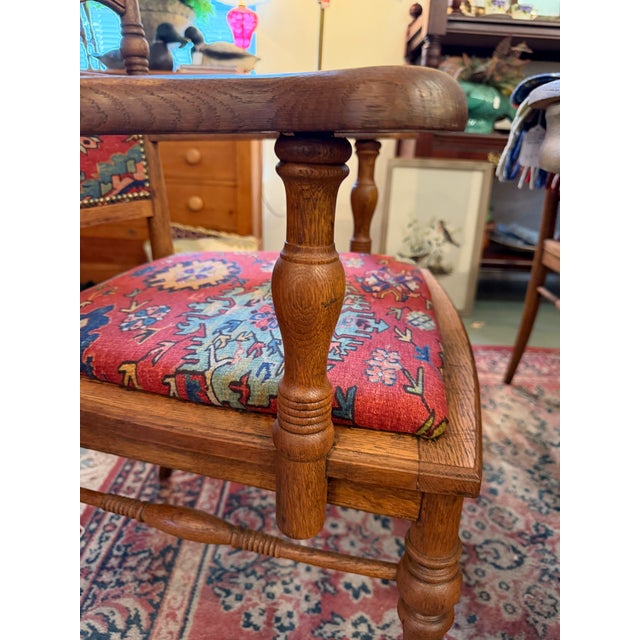 Chestnut Set of Six, Antique, Oak Dining Chairs Covered With Ralph Lauren Kilim Fabric, Early 1900s For Sale - Image 8 of 11