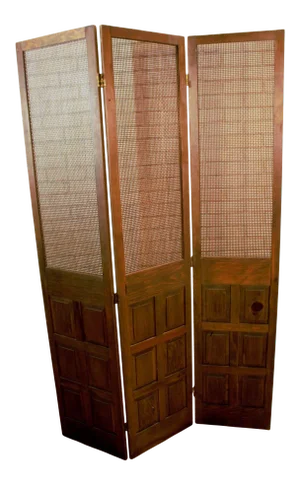 Mid Century Modern Wood and Rattan Room Divider Separator