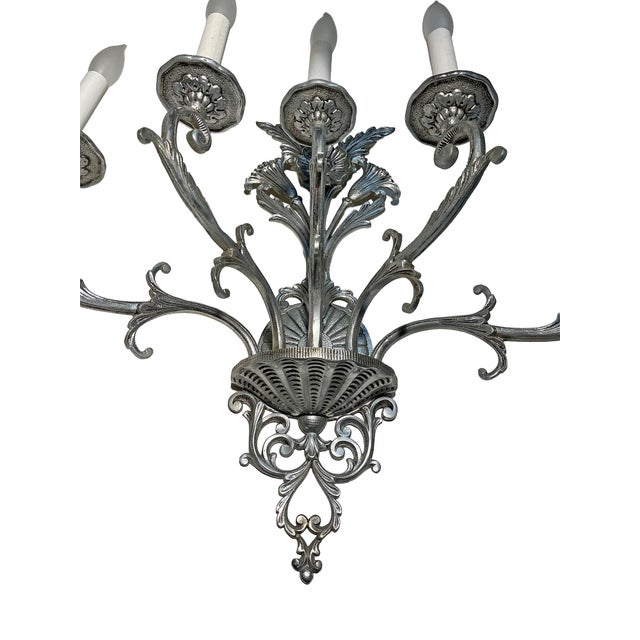 Silver Vintage Large Five-Branch Nickel-Brass Ornate Wall Sconces - a Pair For Sale - Image 8 of 13
