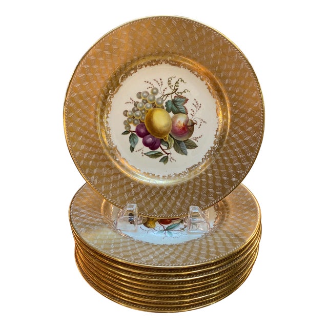 Set of 10 Antique English Copeland Spode Hand Painted Fruit Plates For Sale