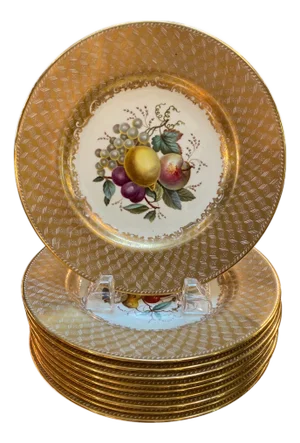 Set of 10 Antique English Copeland Spode Hand Painted Fruit Plates