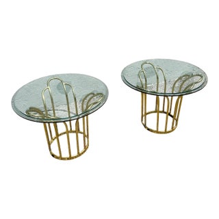 Art Deco Gold Circular Glass Top Side Tables – A Pair For Sale