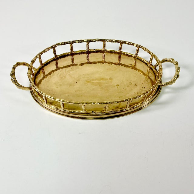 Mottahedeh Mid-Century Hollywood Regency Coastal Boho Chic Oval Faux Bamboo Brass Tray, Mottahedeh Attributed For Sale - Image 4 of 13