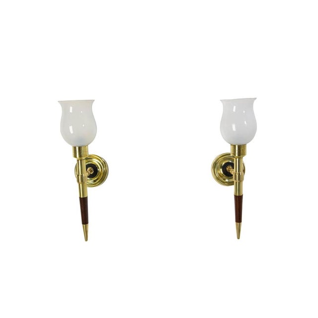 Brass and Iroko Wall Sconces with Opaline Lampshades from Maison Lancel, 1960, Set of 2 For Sale - Image 3 of 10