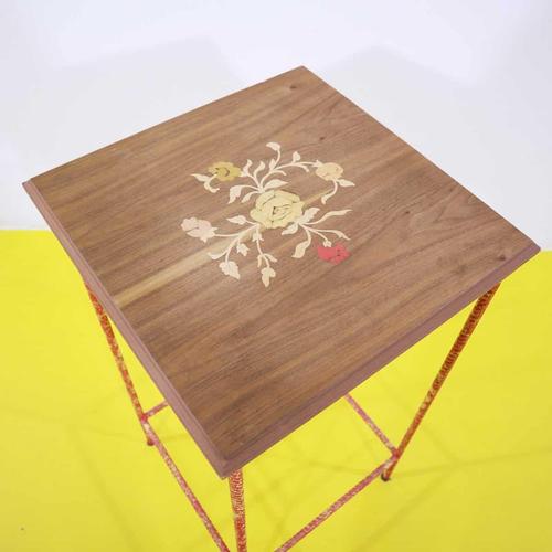 Red Lacquered Iron Plant Stand Table with Decorated Wooden Top