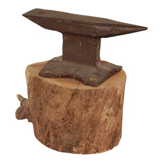 Vintage Small Iron Anvil Mounted on Wooden Block For Sale