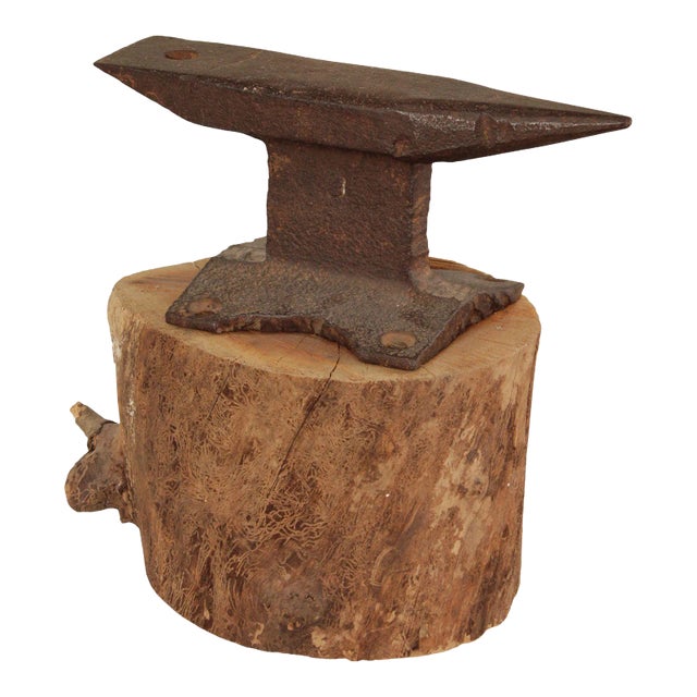 Vintage Small Iron Anvil Mounted on Wooden Block For Sale