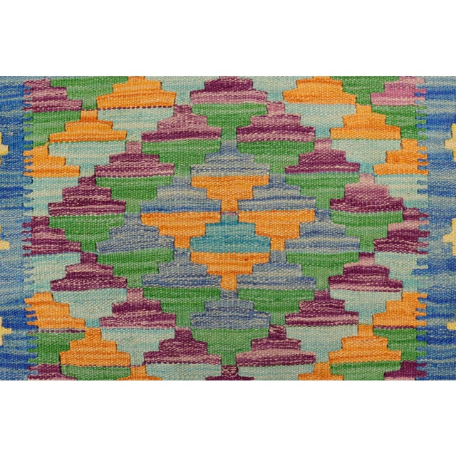 Textile Rustic Turkish Kilim Blue Gold Hand-Woven Wool Rug For Sale - Image 7 of 9