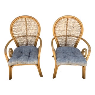 Pair of Vintage Bentwood Rattan & Wicker Armchairs With Spiral Arms, 1970s For Sale