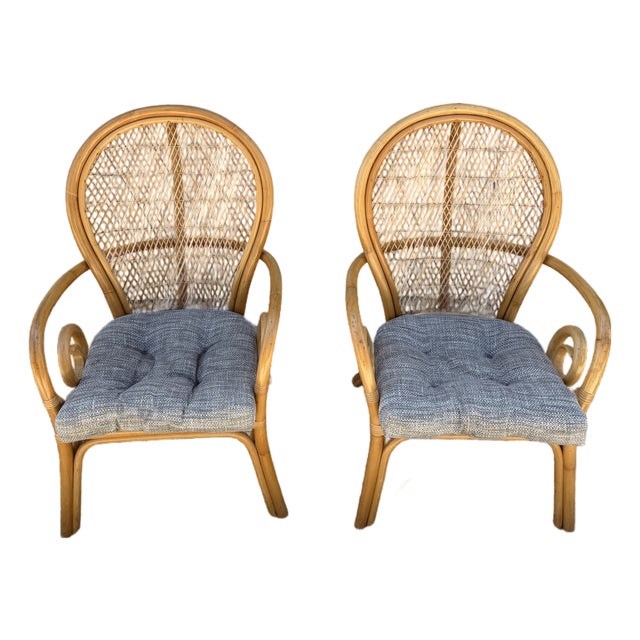 Pair of Vintage Bentwood Rattan & Wicker Armchairs With Spiral Arms, 1970s For Sale