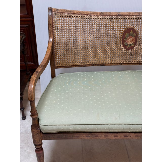 Traditional Regency Style Caned Bench With Cushion For Sale - Image 3 of 12