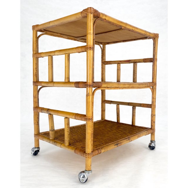 Ficks Reed Mid Century c1970s Bamboo 3 tier Side End Table Stand on Wheels MINT For Sale - Image 4 of 13
