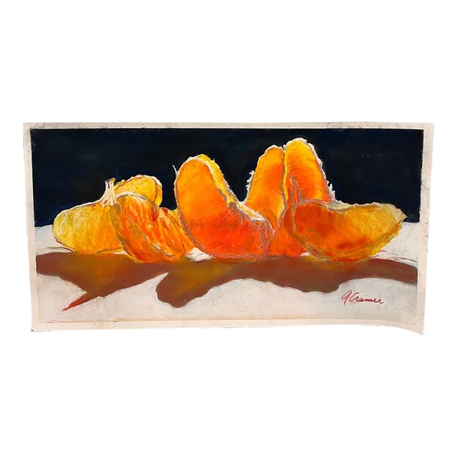 1990s Original Signed Oil Pastel Still Life – Vibrant Oranges & Yellow Fruit, Unknown Artist For Sale