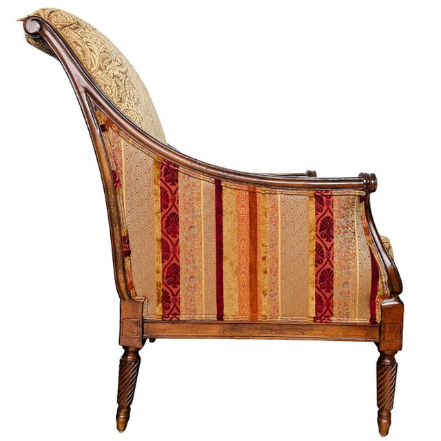 Wood Drexel Heritage Neoclassical Bergère Chairs in Antique Cherry & Custom Upholstery - A Pair For Sale - Image 7 of 18