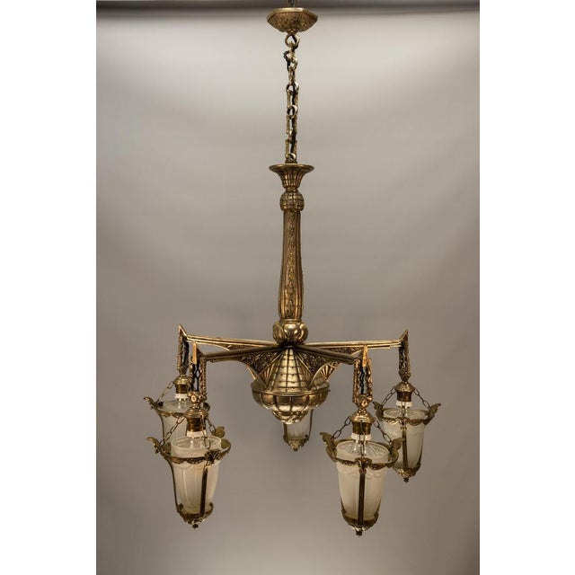 Art Deco Bronze and Frosted White Glass Five-Light Chandelier, France, 1925 For Sale - Image 18 of 18