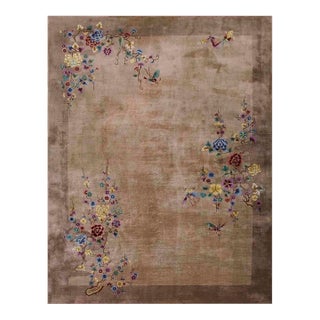 1920s Tan Taupe Garden Antique Chinese Art Deco Carpet 8'9" X 11'6" Handknotted Wool Rug For Sale