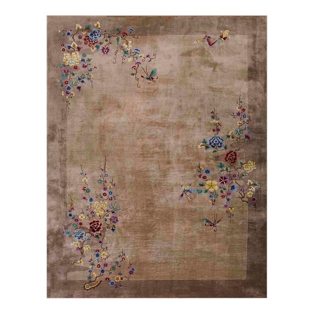 1920s Tan Taupe Garden Antique Chinese Art Deco Carpet 8'9" X 11'6" Handknotted Wool Rug For Sale