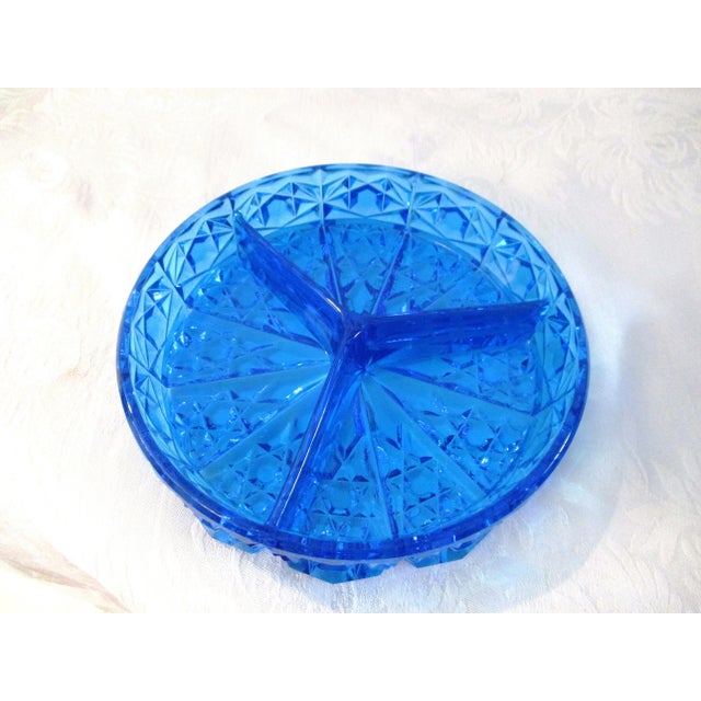Blue Mid-Century Lazer Blue Cut Glass Lidded Divided Bowl For Sale - Image 8 of 9