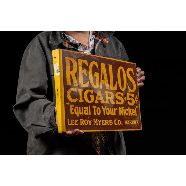 Antique Regalos Cigars Double-Sided Tin Flange Sign For Sale - Image 4 of 5