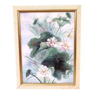 Vintage Oil Painting of Geraniums and Dragonfly For Sale