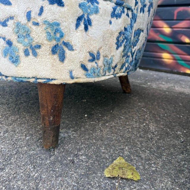 Vintage Barrel-Back Blue Floral Armchair For Sale - Image 9 of 12