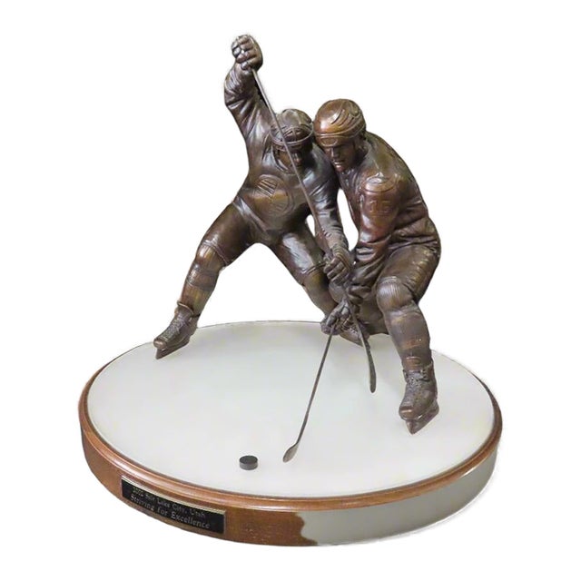 2002 Replica Bronze Statue of Watts & Dario Playing Hockey "Striving for Excellence" Signed by Watts For Sale