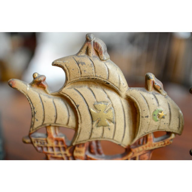 Metal Set of 2 VTG Cast Iron Sailing Ship Bookends Spanish Galleon Doorstops For Sale - Image 7 of 8