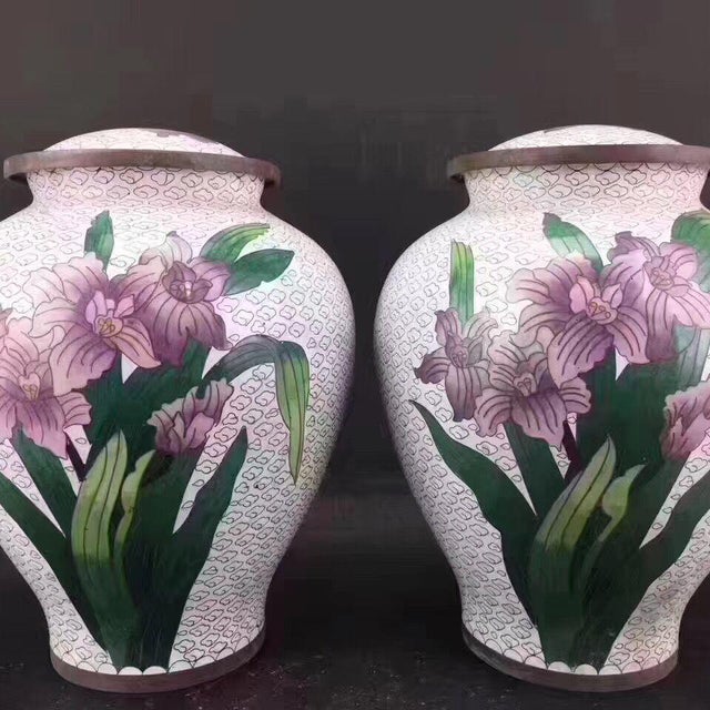 This is a matching pair of large, elegant lidded jars, crafted in the traditional cloisonné enamel technique. The vessels...