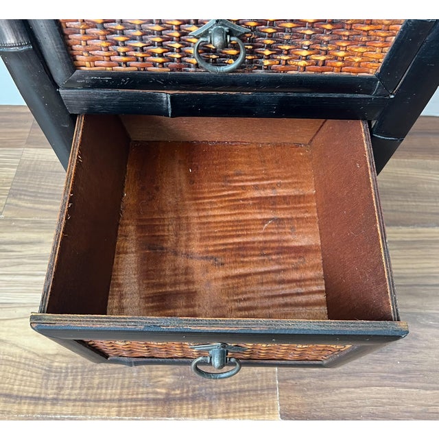 Vintage Ebonized Black Bamboo & Woven Rattan Two-Drawer Cabinet – Chinoiserie / British Colonial For Sale - Image 9 of 13